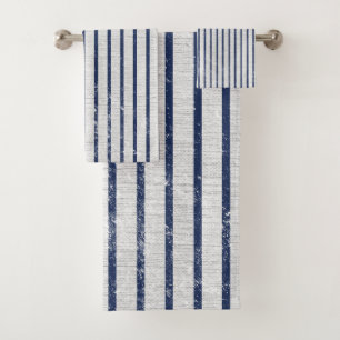 Rustic Gray Linen & Navy Blue Stripes Pattern   Bath Towel Set