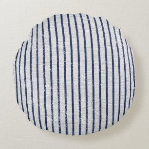 Rustic Gray Linen & Navy Blue Stripes Pattern  Round Pillow