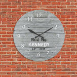 Rustic Gray Wood Couple Name Wedding Anniversary  Large Clock<br><div class="desc">Wedding clocks to personalize with new couple last name. The rustic gray wood background adds a country chic look. A great gift for weddings and new home housewarming.</div>