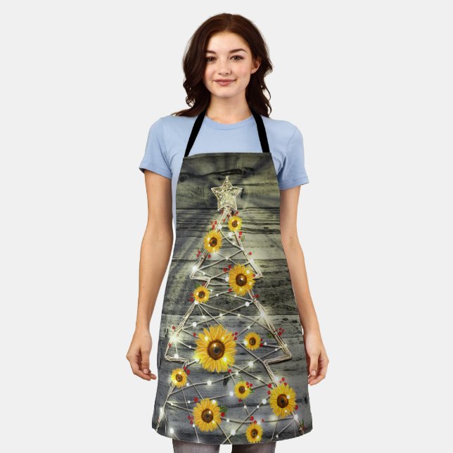 Rustic Gray Wood Sunflower Christmas Tree Holiday Apron (Worn)