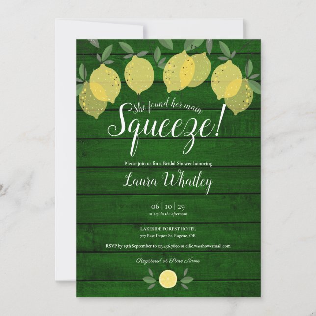 Rustic Greeen Wood Main Squeeze Bridal Shower Invitation (Front)