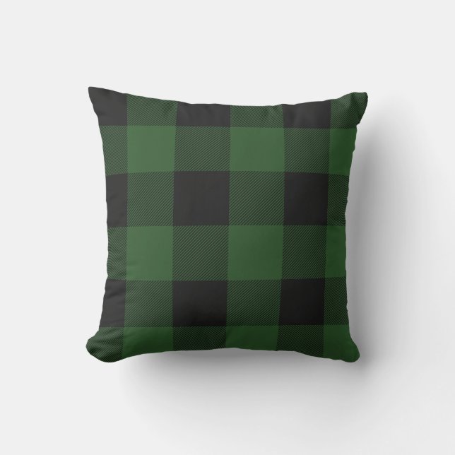 Rustic Green and Black Buffalo Check Plaid Outdoor Pillow (Front)
