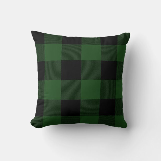 Rustic Green and Black Buffalo Check Plaid Throw Pillow (Front)