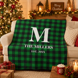 Rustic Green and Black Buffalo Plaid Monogram  Fleece Blanket