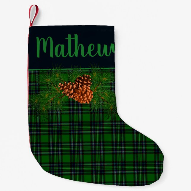 Rustic green and black plaid -  pine cone detail small christmas stocking (Front)