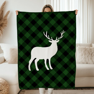 Rustic Green and Black Plaid White Stag Holiday Fleece Blanket