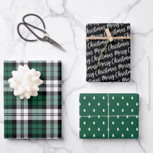 Rustic Green and Black Watch Plaid Merry Christmas Wrapping Paper Sheet