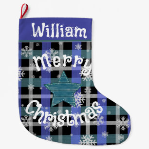 Rustic Green and Blue Plaid Large Christmas Stocking