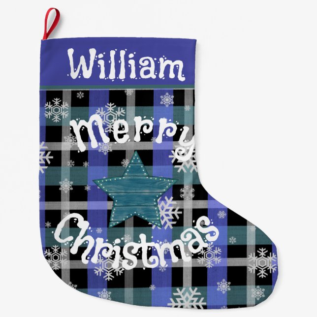 Rustic Green and Blue Plaid Large Christmas Stocking (Front)