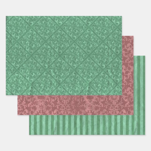 Rustic Green and Cranberry Red Christmas Wrapping Paper Sheet (Set)