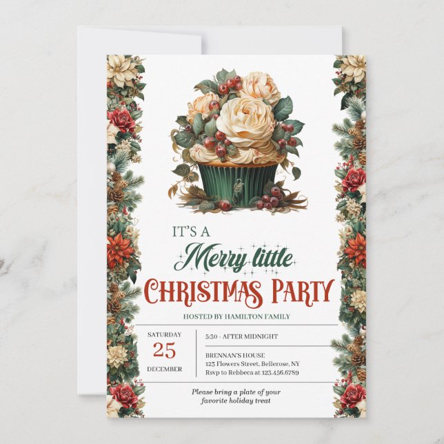 Rustic green and gold elegant Christmas cupcake Invitation (Front)
