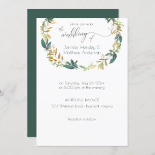 Rustic Green and Gold Greenery Wreath   Invitation