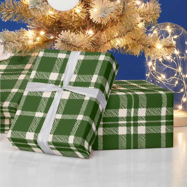 Rustic green and off white farmhouse plaid pattern wrapping paper (Holidays)