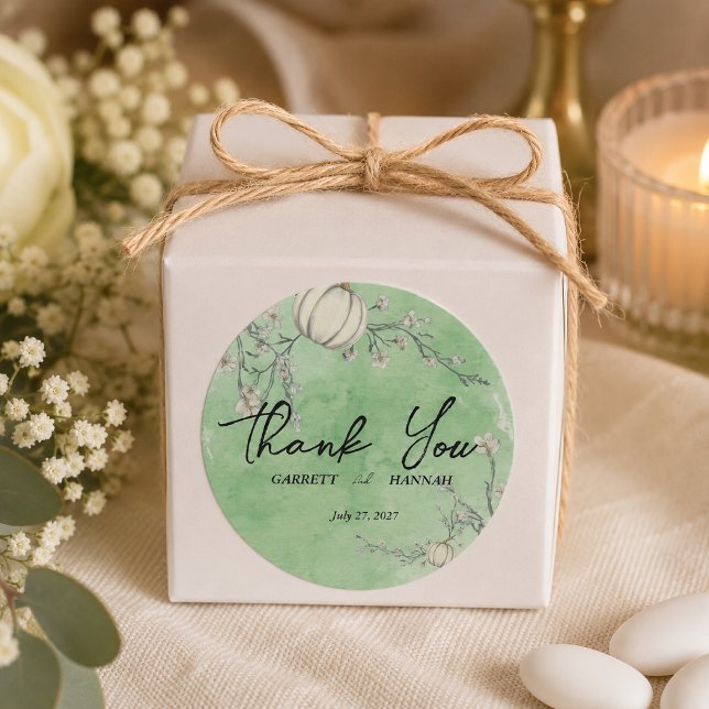 Rustic Green Autumn Pumpkin Wedding Classic Round Sticker (Creator Uploaded)