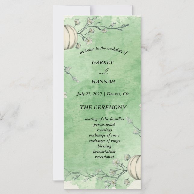 Rustic Green Autumn Pumpkin Wedding Program (Front)