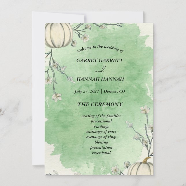 Rustic Green Autumn Pumpkin Wedding Program (Front)