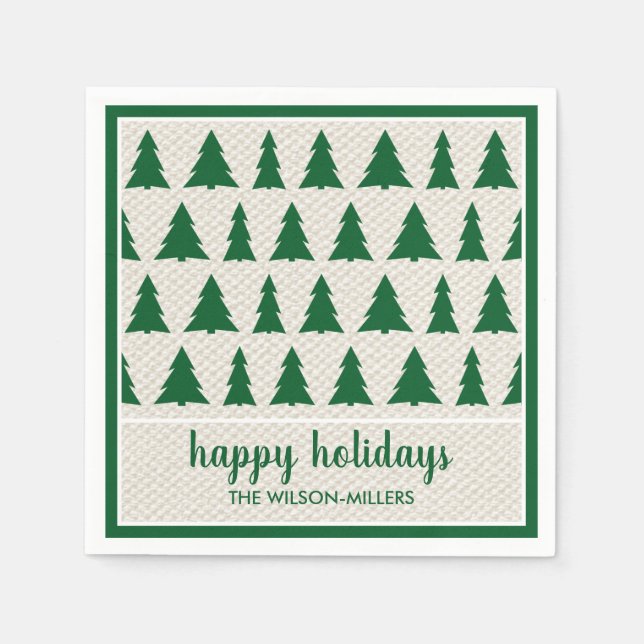 Rustic Green Beige Tree Pattern Name Holiday Party Napkin (Front)