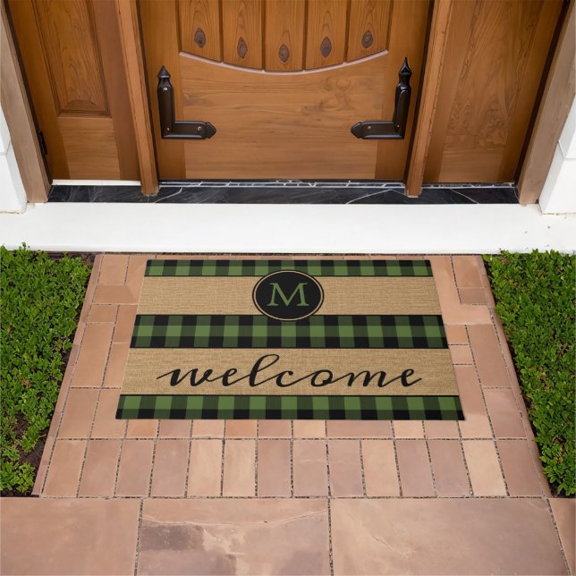 Rustic Green Black Buffalo Check Plaid Pattern Doormat (Outdoor)