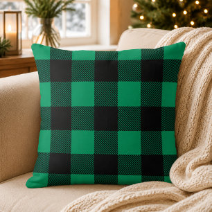 Rustic Green Black Buffalo Plaid Christmas Throw Pillow