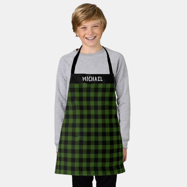 Rustic Green Black Buffalo Plaid Holiday Custom Apron (Worn)