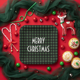 Rustic Green & Black Buffalo Plaid Merry Christmas Paper Plate