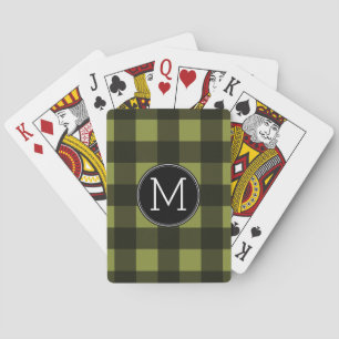 Rustic Green Black Buffalo Plaid Pattern Monogram Playing Cards