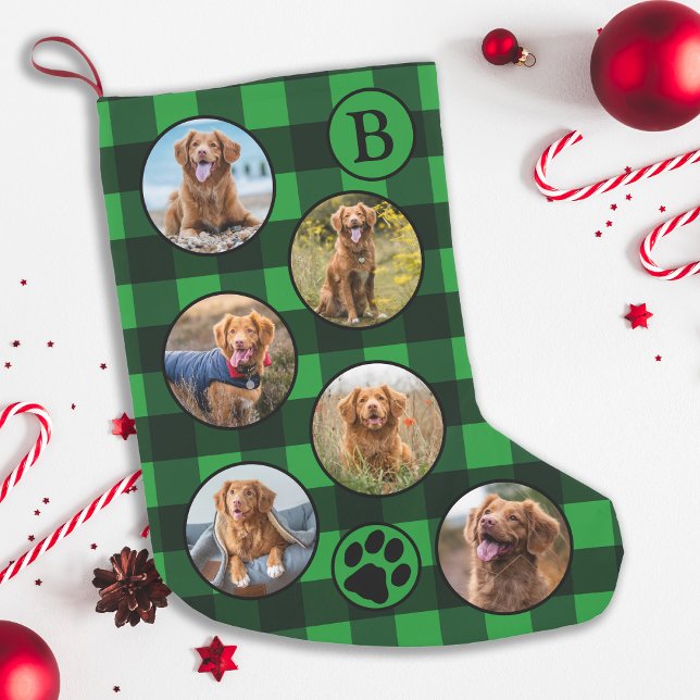Rustic Green Black Plaid Fun 12 Pet Photo Collage Small Christmas Stocking (Creator Uploaded)