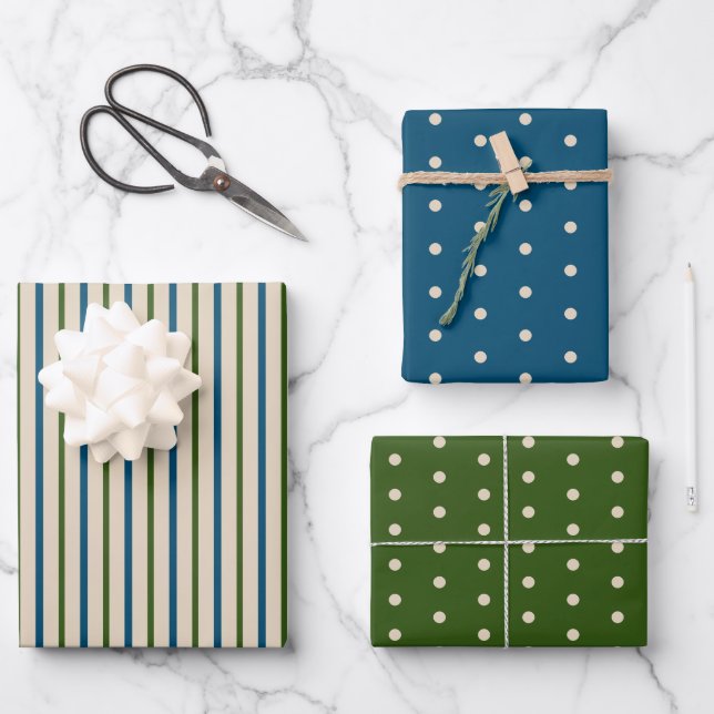 Rustic Green Blue Cream Polka Dots and Stripes Wrapping Paper Sheet (Front)