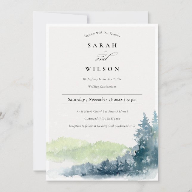 Rustic Green Blue Pine Snow Mountains Wedding Invitation (Front)
