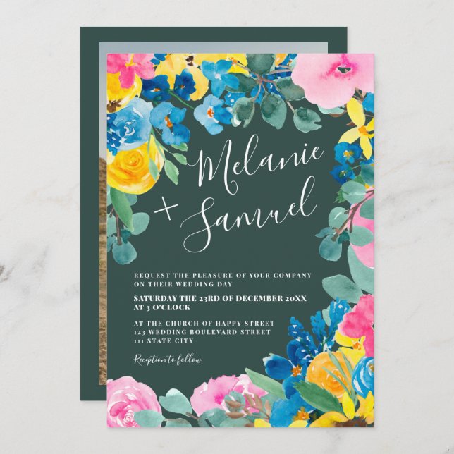 Rustic green bold summer floral photo wedding invitation (Front/Back)