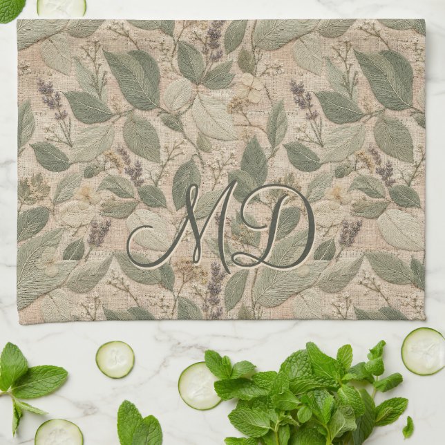 Rustic Green Botanical Leaf Pattern Kitchen Towel (Folded)