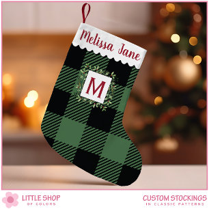 Rustic Green Buffalo Check Monogram Christmas Small Christmas Stocking