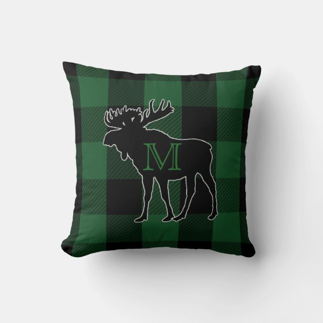 Rustic Green Buffalo Check | Monogrammed Moose Throw Pillow (Front)