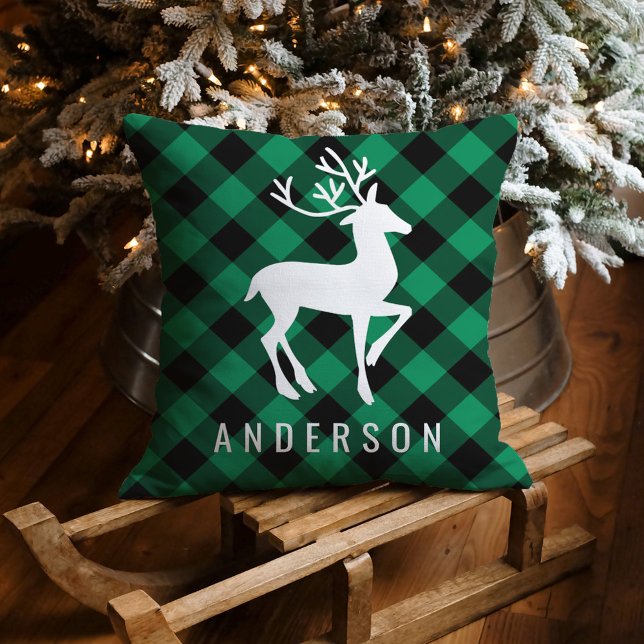 Rustic Green Buffalo Plaid Deer Christmas Monogram Throw Pillow (Creator Uploaded)