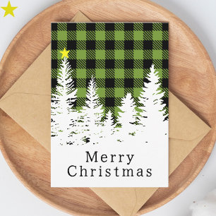 Rustic Green Buffalo Plaid Forest Merry Christmas Card
