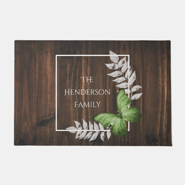Rustic Green Butterfly Personalized Doormat (Front)