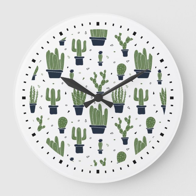 Rustic Green Cactus Desert Pattern Large Clock (Front)