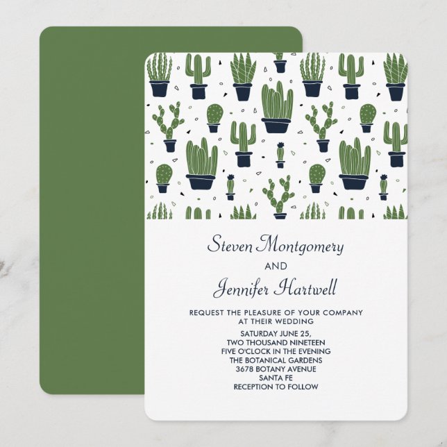 Rustic Green Cactus in Flower Pots Pattern Wedding Invitation (Front/Back)