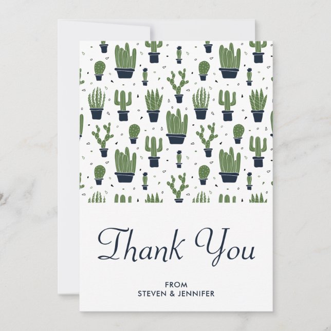 Rustic Green Cactus in Flower Pots Pattern Wedding Thank You Card (Front)