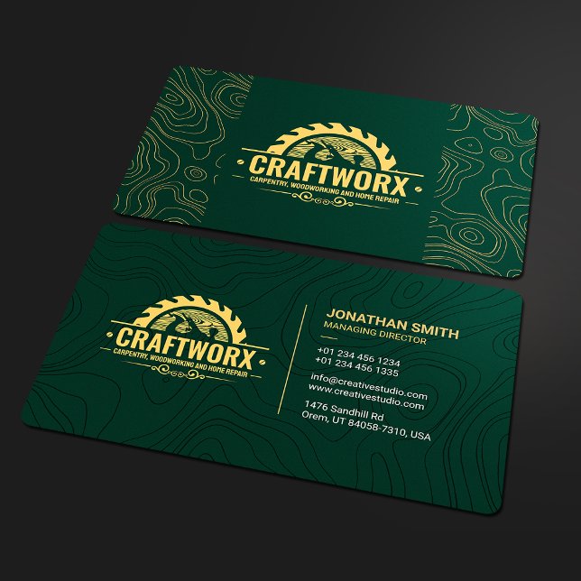 Rustic Green Carpentry Woodworking Home Repair Business Card (Creator Uploaded)