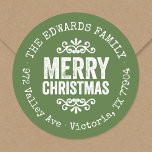Rustic Green Christmas Circle Return Address Label<br><div class="desc">Affordable custom printed round return address stickers personalized with your family name and return address. This rustic modern holiday design features distressed MERRY CHRISTMAS lettering on a green background. Use the design tools to choose any background colour and edit text fonts and colours to further customize your own unique holiday...</div>