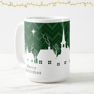 Rustic Green Christmas Village Chevron Knit  Coffee Mug