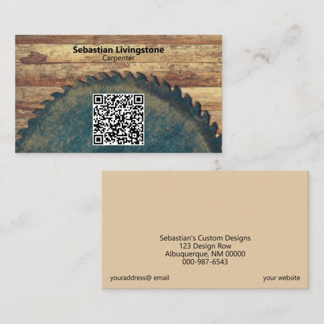 Rustic Green Circular Saw Carpentry QR Code Front  Business Card (Front/Back)