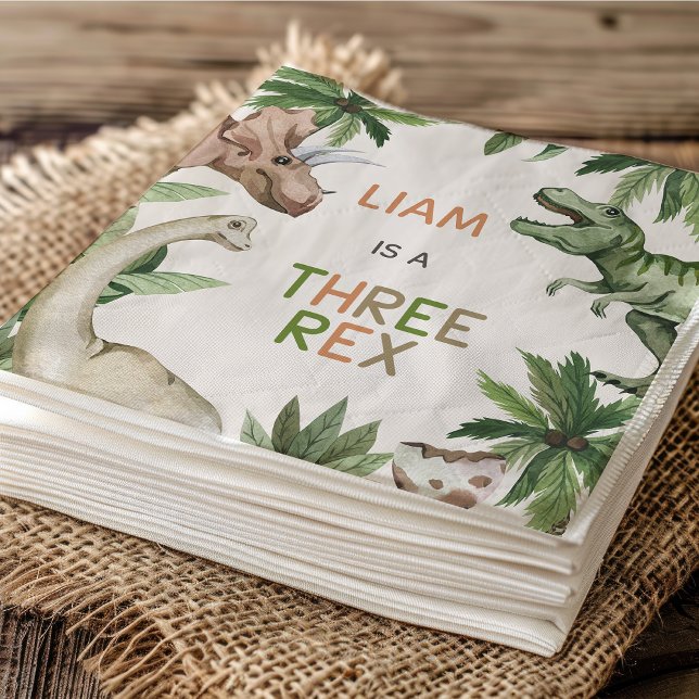 Rustic Green Dinosaur Three Rex 3rd Birthday  Napkin (Three Rex Birthday Party Paper Napkin, Boys Dinosaur 3rd Birthday Paper Napkin, Dino 3rd Birthday)