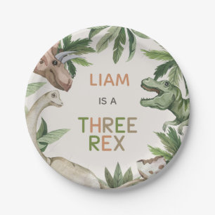 Rustic Green Dinosaur Three Rex 3rd Birthday  Paper Plate