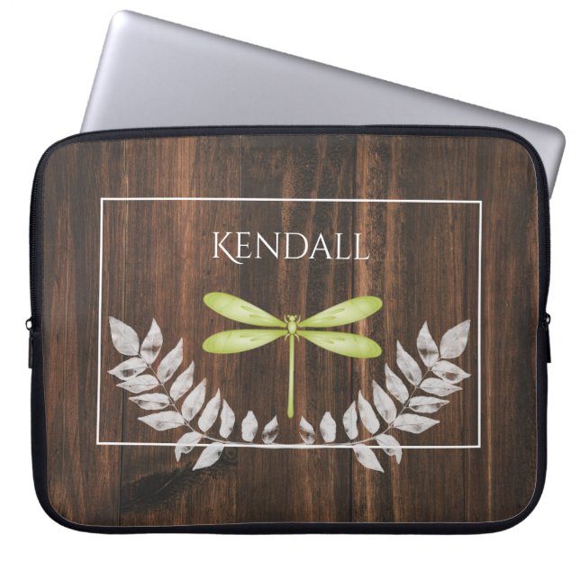 Rustic Green Dragonfly Personalized Laptop Sleeve (Front)