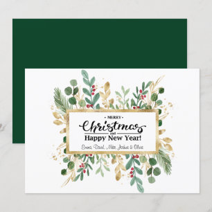 Rustic Green Elegant Script Gold Foliage Floral Holiday Card