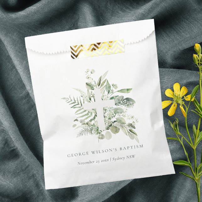 Rustic Green Eucalyptus Fern Foliage Cross Baptism Favour Bag (Creator Uploaded)