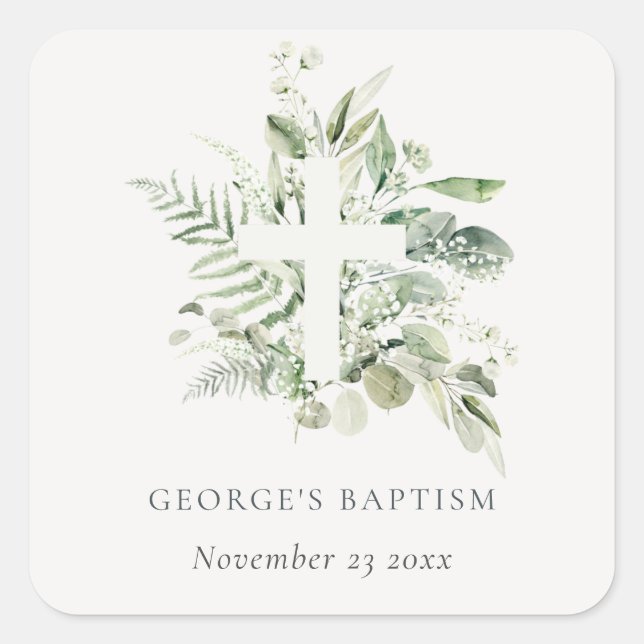 Rustic Green Eucalyptus Fern Foliage Cross Baptism Square Sticker (Front)