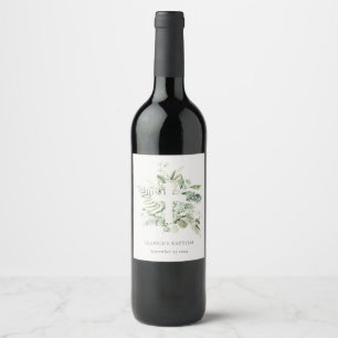 Rustic Green Eucalyptus Fern Foliage Cross Baptism Wine Label